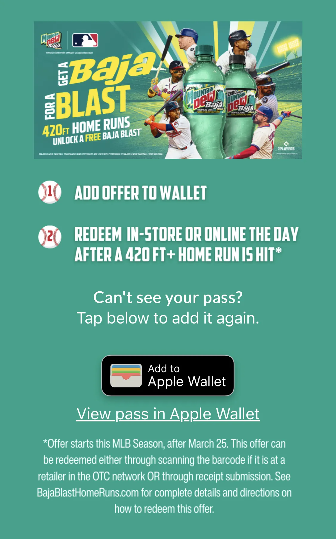 Mountain Dew Baja Blast wallet pass for 420ft home run deal