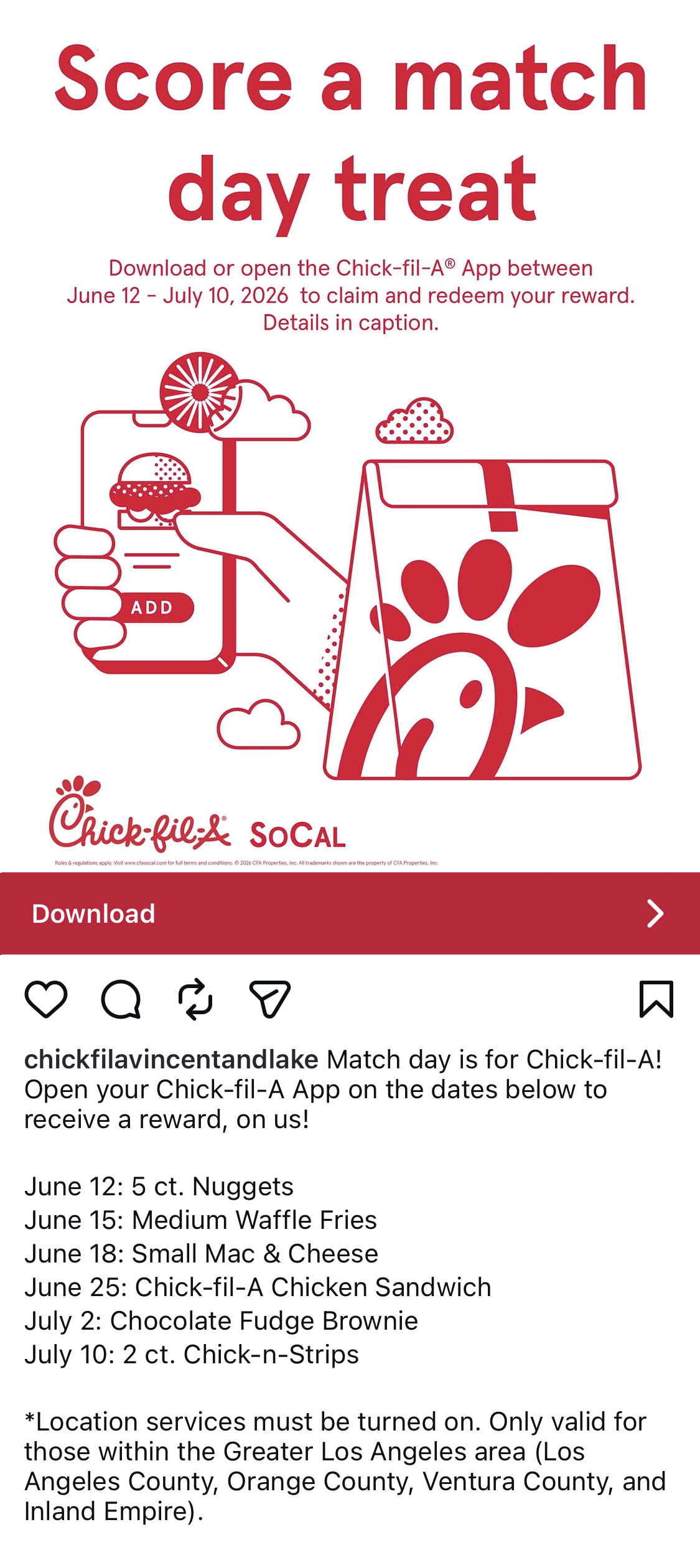 Open the full-size image in a new tab Chick-fil-A SoCal World Cup promotion — free match-day treats June 12 to July 10, 2026