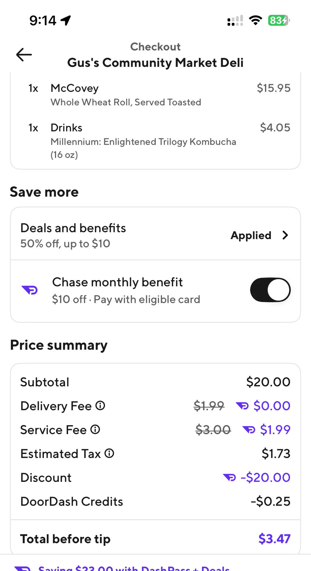 DoorDash checkout showing NBA50 50% off stacked with the Chase monthly benefit: $20 deli order totaling $3.47 before tip