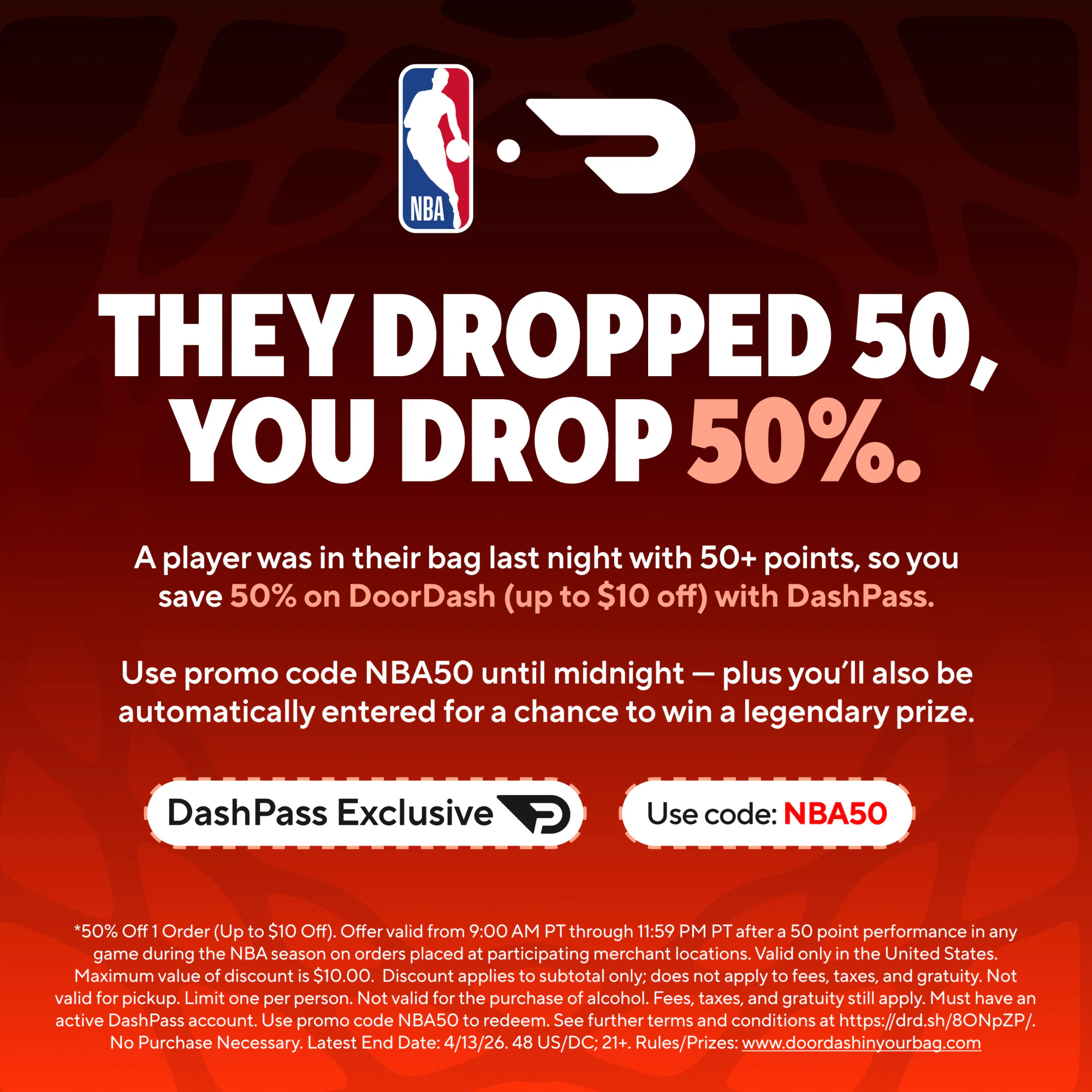 DoorDash NBA50 promotion — they dropped 50, you drop 50%: 50% off up to $10 with code NBA50 for DashPass members